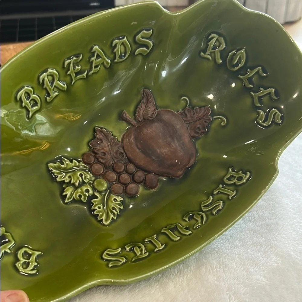 Vintage MCM Avocado Green Green Ceramic Bread and Biscuit Serving Dish 13.75”